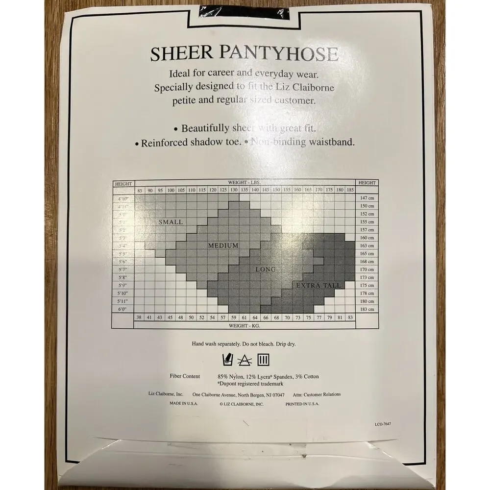 Liz Claiborne Sheer Pantyhose Size LONG Color Black Style 7647